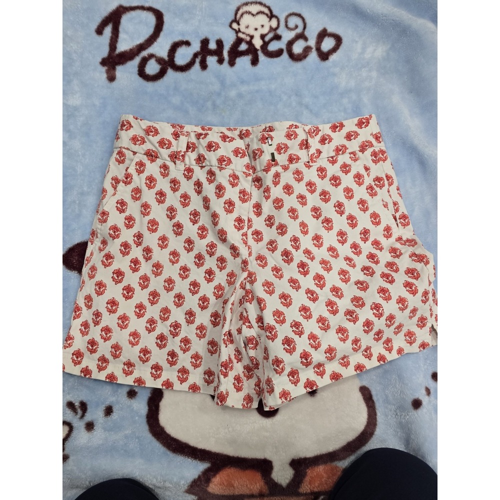 ANN TAYLOR LOFT Size 8 Red Floral Print Side-Zip Shorts White Cotton Stretch